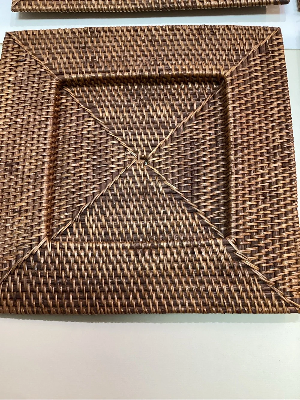 Vtg 4 square Rattan oven Charger Centerpiece Tray Boho Brown